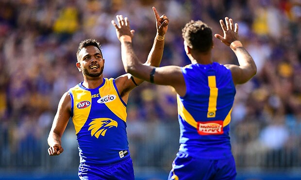 AFL 2018 Second Preliminary Final - West Coast v Melbourne PERTH, AUSTRALIA - SEPTEMBER 22: Willie Rioli of the Eagles celebrates a goal during the 2018 AFL Second Preliminary Final match between the West Coast Eagles and the Melbourne Demons at Optus Stadium on September 22, 2018 in Perth, Australia. (Photo by Daniel Carson/AFL Media)